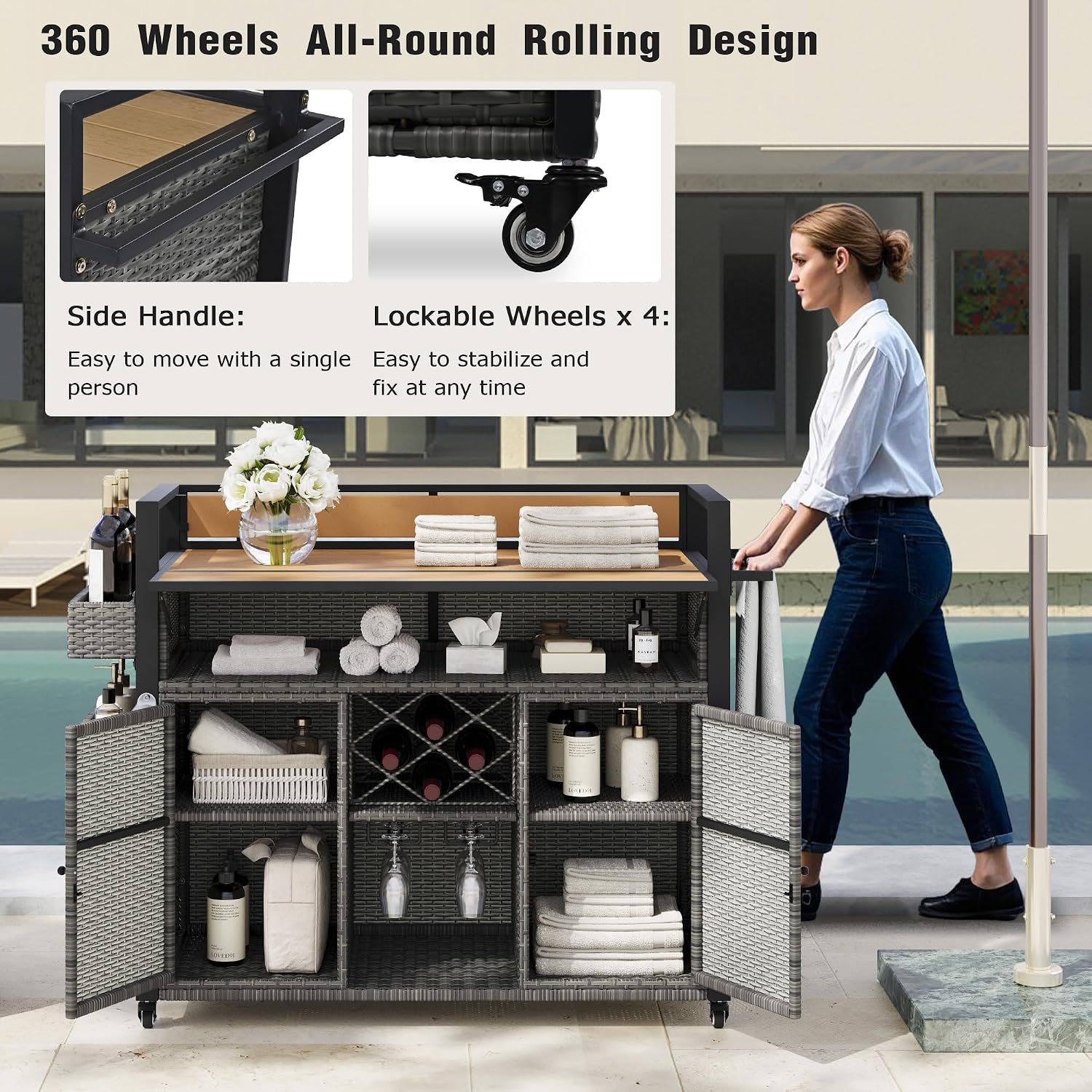 Merax 52.8' W Wicker Outdoor Grill Cart with Extended Plastic Wood Table Top, Rolling Kitchen Island on Wheels with Storage Cabinet, for Patio Backyard Garden Poolside, Double Handle Design, Grey