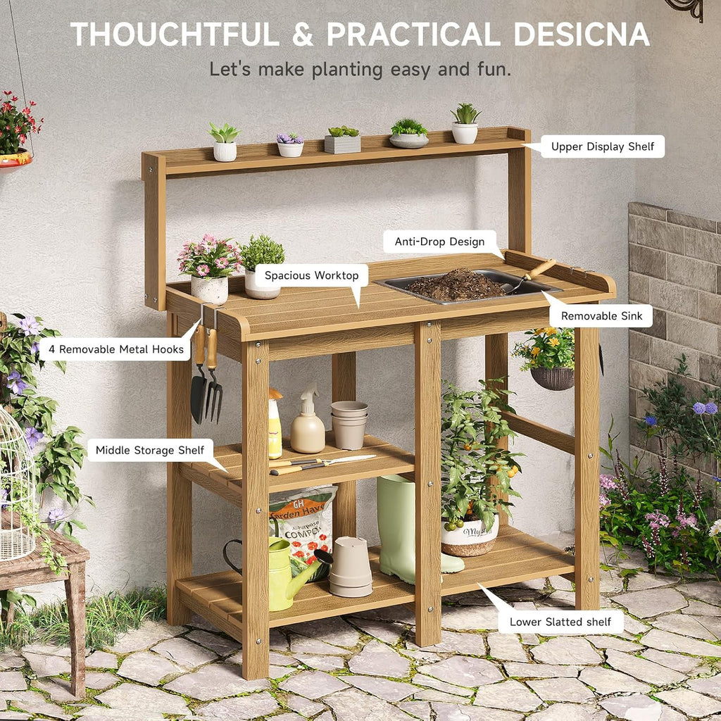 ONBRILL Potting Bench, Outdoor Potting Bench Table with Removable Sink, HDPS Potting Benches for Outside, Garden Table with Storage Shelves & 4 Side Hooks, No Rot, No Fade, No Break, 360lbs Capacity