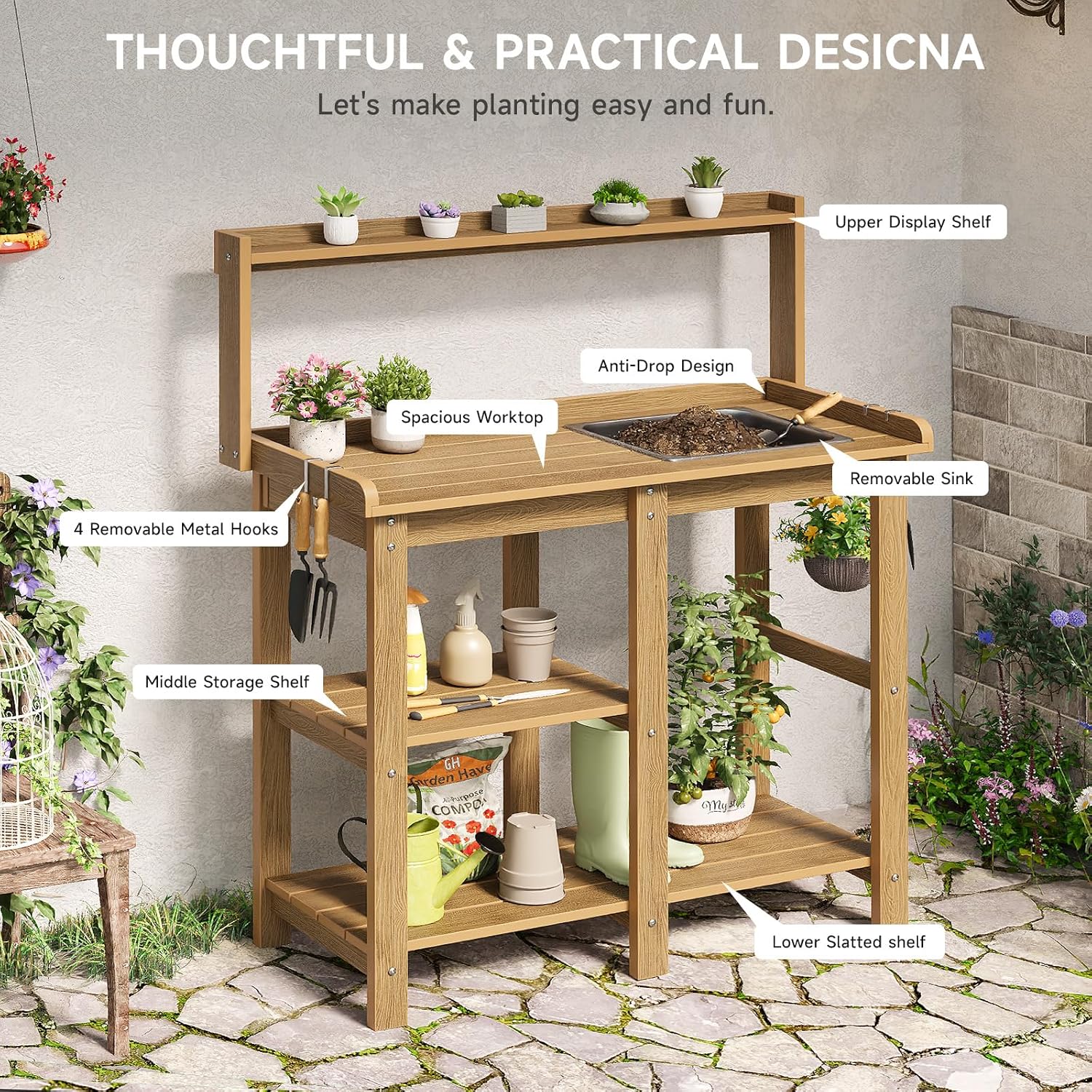 ONBRILL Potting Bench, Outdoor Potting Bench Table with Removable Sink, HDPS Potting Benches for Outside, Garden Table with Storage Shelves & 4 Side Hooks, No Rot, No Fade, No Break, 360lbs Capacity