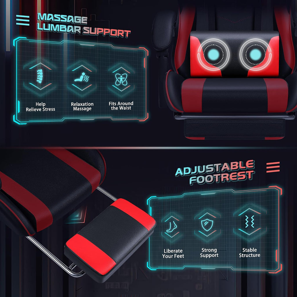 JUMMICO Gaming Chair Ergonomic Computer Chair with Footrest and Massage Lumbar Support, Height Adjustable Video Gaming Chair with 360° Swivel Seat and Headrest (Red)
