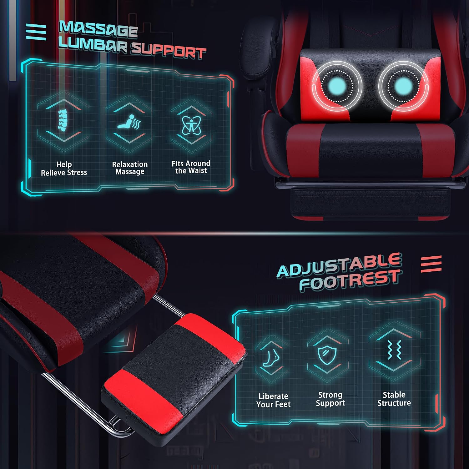 JUMMICO Gaming Chair Ergonomic Computer Chair with Footrest and Massage Lumbar Support, Height Adjustable Video Gaming Chair with 360° Swivel Seat and Headrest (Red)