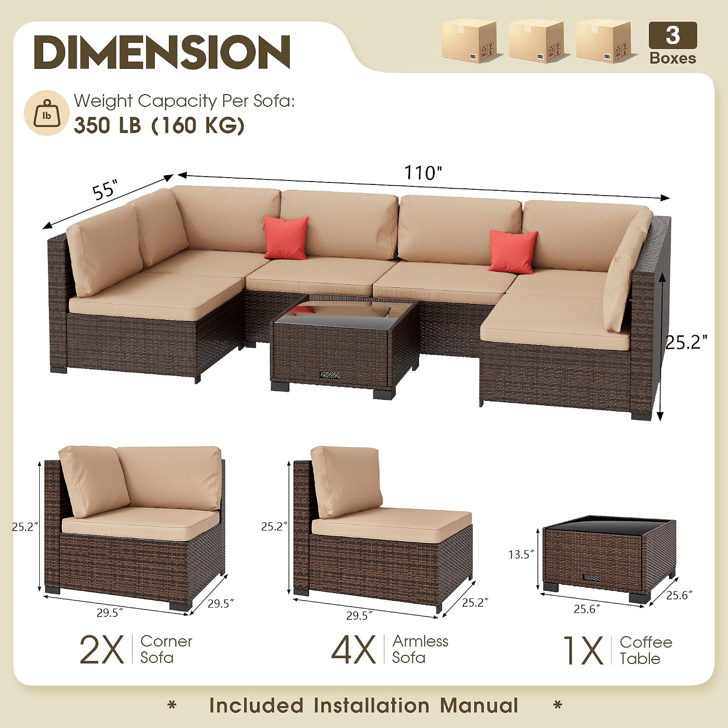 LHBcraft 7 Piece Patio Outdoor Furniture Set, Outdoor Sectional, All-Weather Manual Weaving PE Rattan Wicker Patio Sectional Sofa, Rattan Outside Furniture with Beige Cushion and Glass Table
