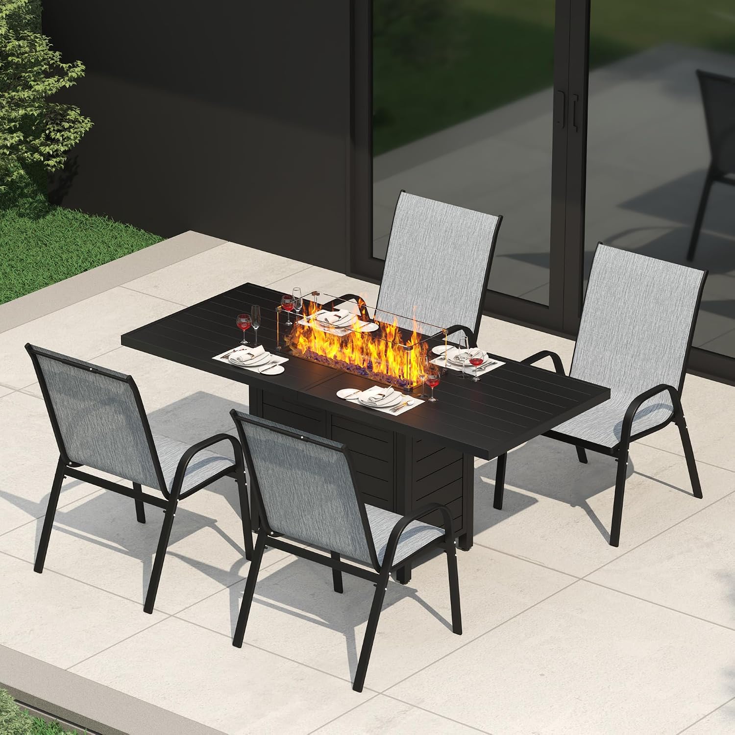 PIZZELLO 5-Pieces Patio Furniture Set w/ 60' Firepit Table and 4Pcs Patio Chairs, 50,000 BTU Aluminum Gas Fire Table and Stackable Dining Chairs, Outdoor Conversation Dining Set for Backyard