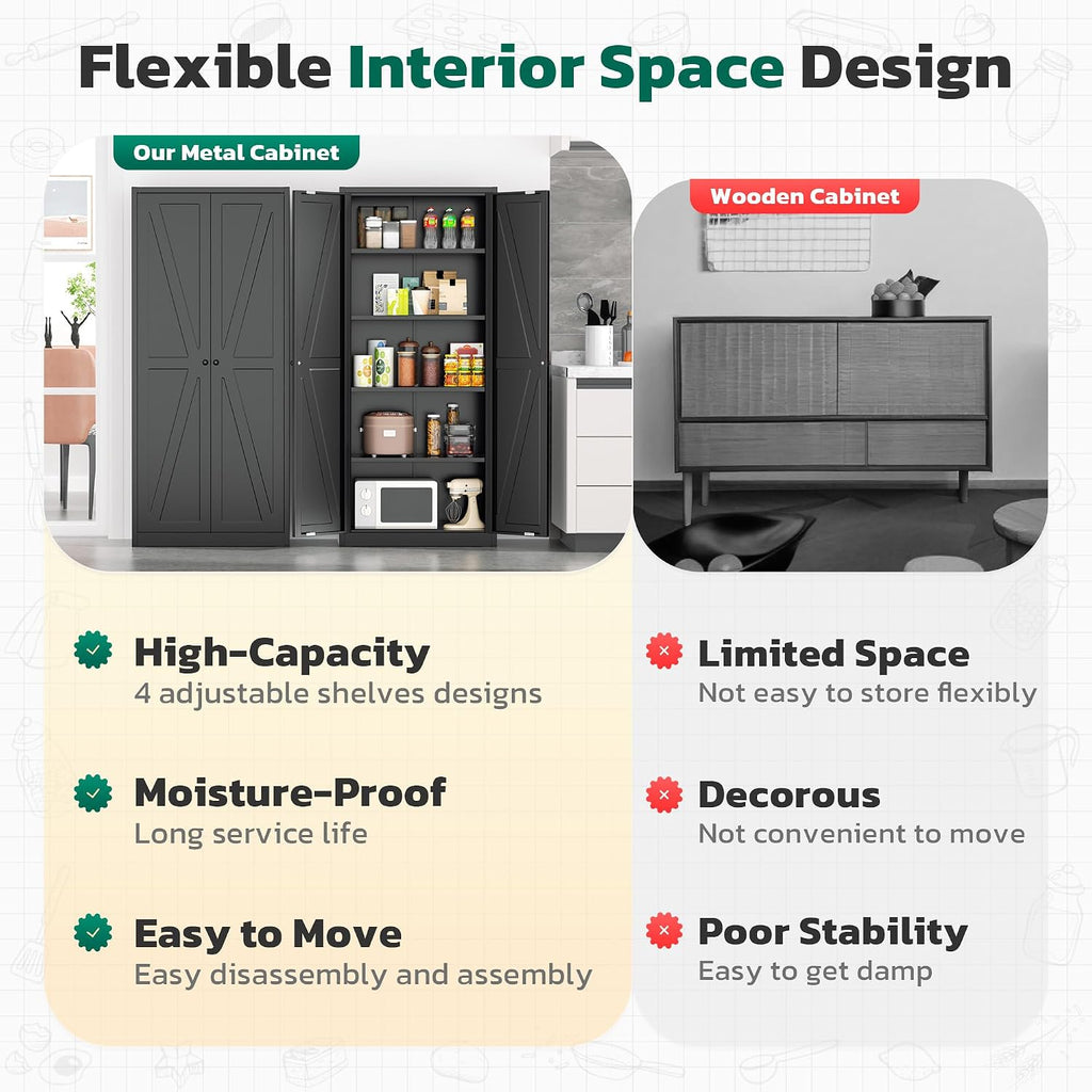Greenvelly 63' H Black Farmhouse Metal Pantry Cabinet, Kitchen Pantry Storage Cabinets with 2 Doors and Adjustable Shelves, Kitchen Pantry Cabinets for Home, Garage and Bedroom