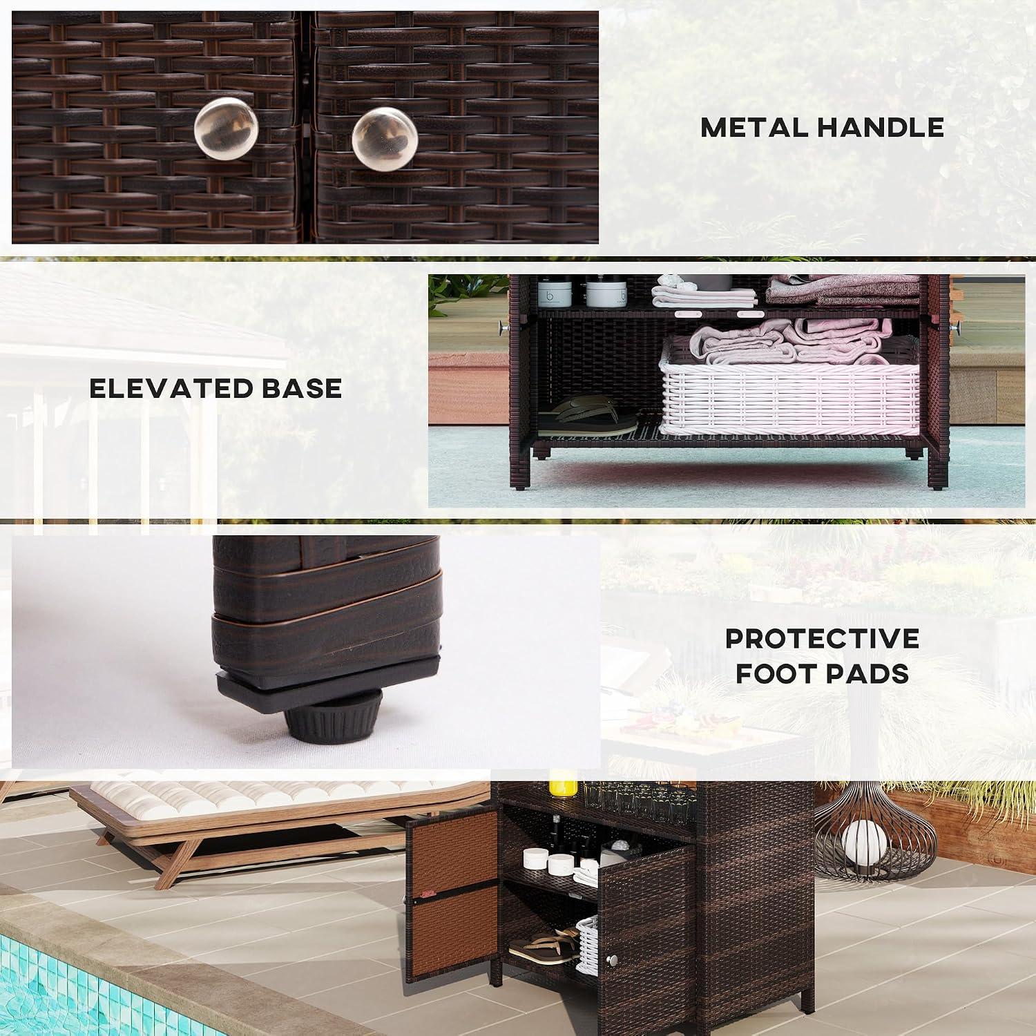 Outsunny Wicker Outdoor Storage Cabinet, Rattan Bar Table with Acacia Wood Countertop, 2 Doors and Shelf, Buffet Cabinet Sideboard for Poolside, Garden, Patio, Backyard, Brown