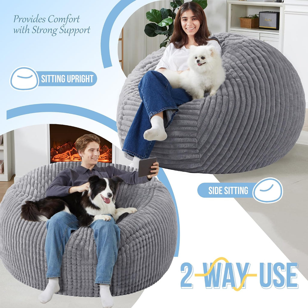 Homguava 6 FT Bean Bag Chair,6' Big Bean Bag,Giant Bean Bag Chairs for Adults with Memory Foam Filled,Comfy Large Beanbag Chairs Soft Bean Bag Sofa with Dutch Corded Plush Cover-Dark Grey