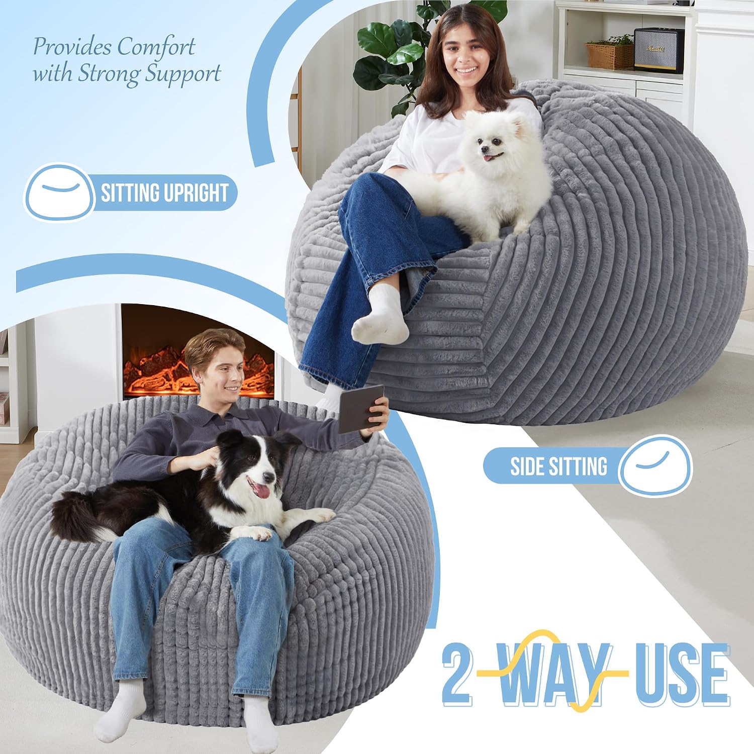 Homguava 6 FT Bean Bag Chair,6' Big Bean Bag,Giant Bean Bag Chairs for Adults with Memory Foam Filled,Comfy Large Beanbag Chairs Soft Bean Bag Sofa with Dutch Corded Plush Cover-Dark Grey