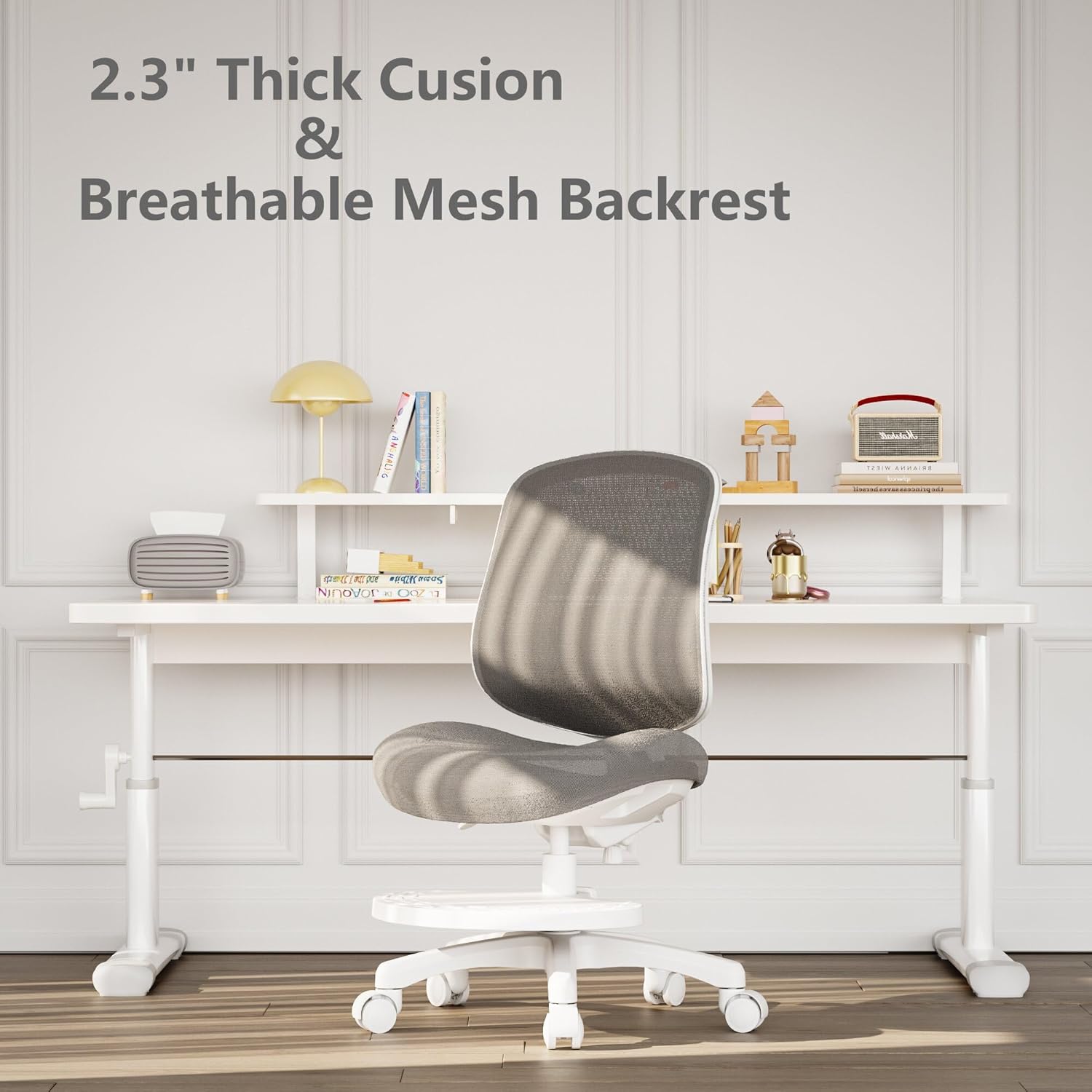 Desk Chair, Ergonomic Study Chair for Kids with Lumbar Support and Footrest, Adjustable Height, Mesh Student Chair with Adjustable backrest, Model Shell (Grey)