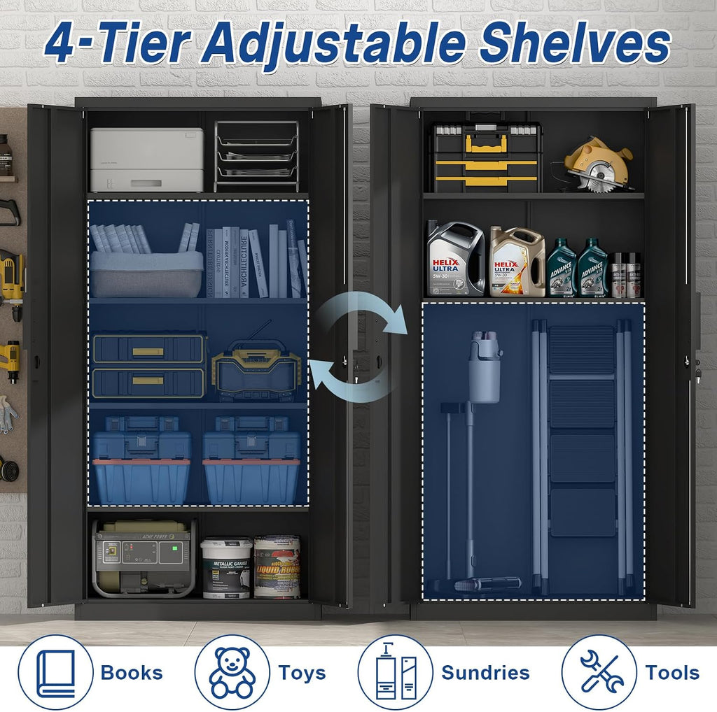 Metal Storage Cabinet with Doors and 4 Shelves, 72x34x18 Garage Storage Cabinets,Tall Black Locking Metal Cabinets with Lock for File, Office, Garage, Home