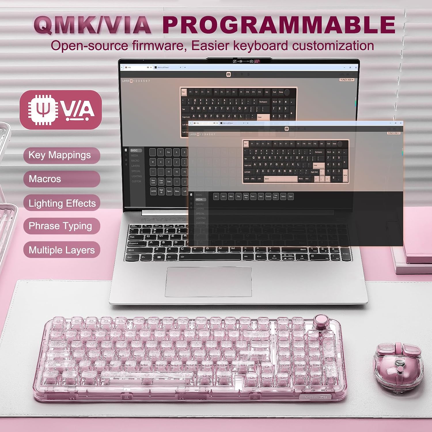 YUNZII X98 QMK/VIA Wireless Mechanical Gaming Keyboard with Knob,Tri-Mode BT5.0/USB-C/2.4GHz Hot Swappable Keyboard,Pre-lubed Switches Gasket Mount RGB Backlit for Wins/Mac (Pink, Crystal Switch)