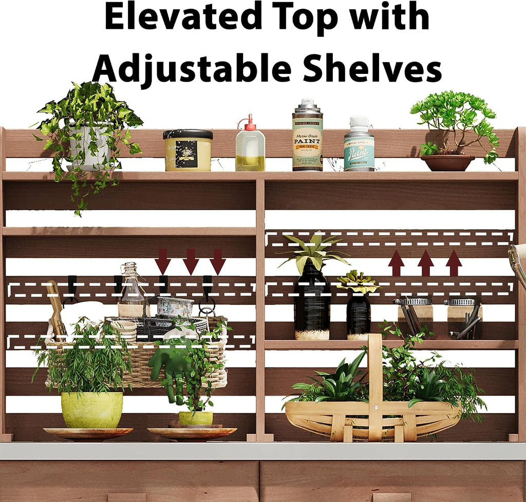 64.9' H Outdoor Potting Bench Table with Lockable Wheels, Solid Wood Outdoor Kitchen Island with Upper Hutch, Stainless Steel Top,Outdoor Storage for Grilling, Lawn Garden (Brown/F, 64.9')
