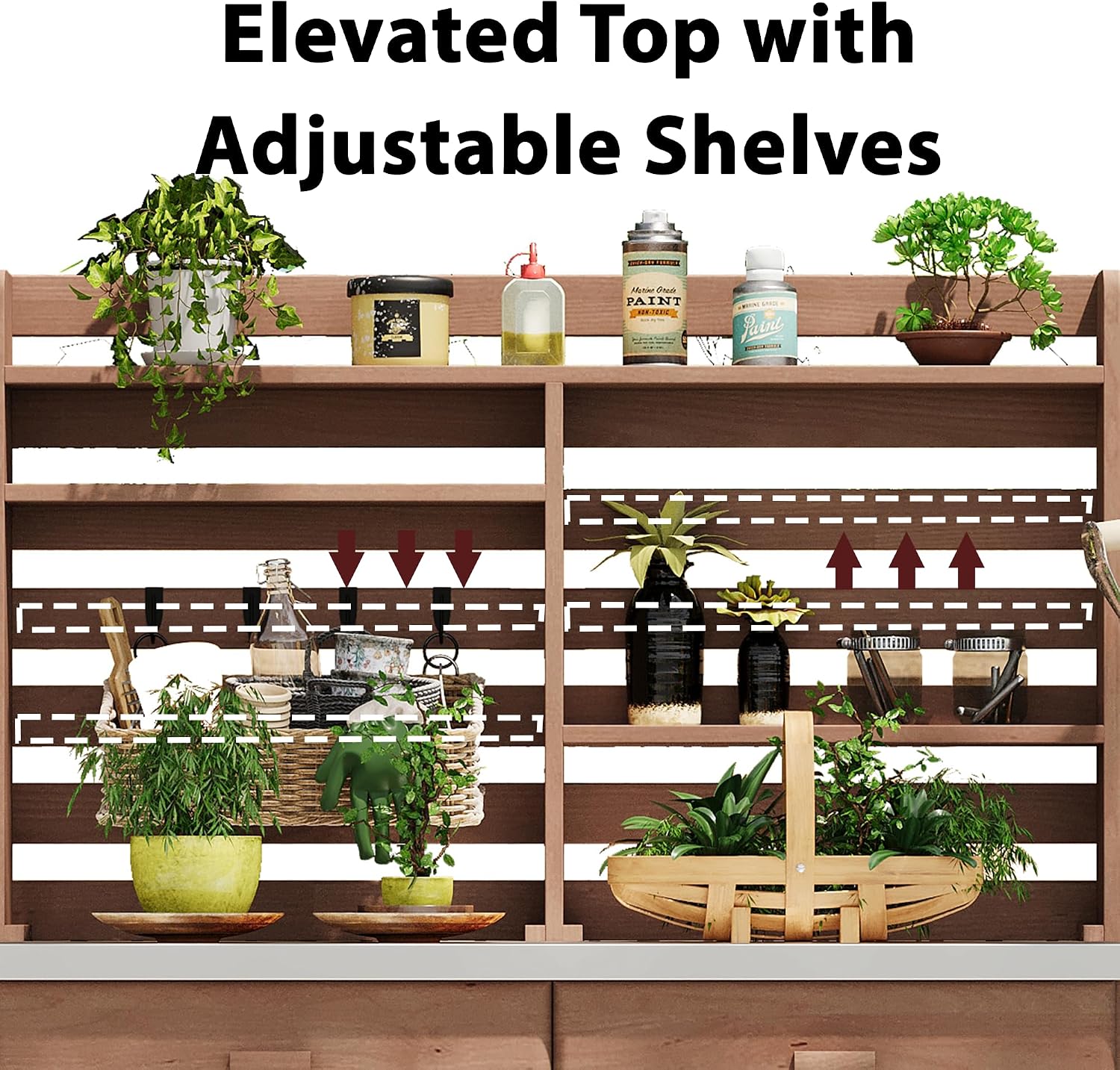 64.9' H Outdoor Potting Bench Table with Lockable Wheels, Solid Wood Outdoor Kitchen Island with Upper Hutch, Stainless Steel Top,Outdoor Storage for Grilling, Lawn Garden (Brown/F, 64.9')
