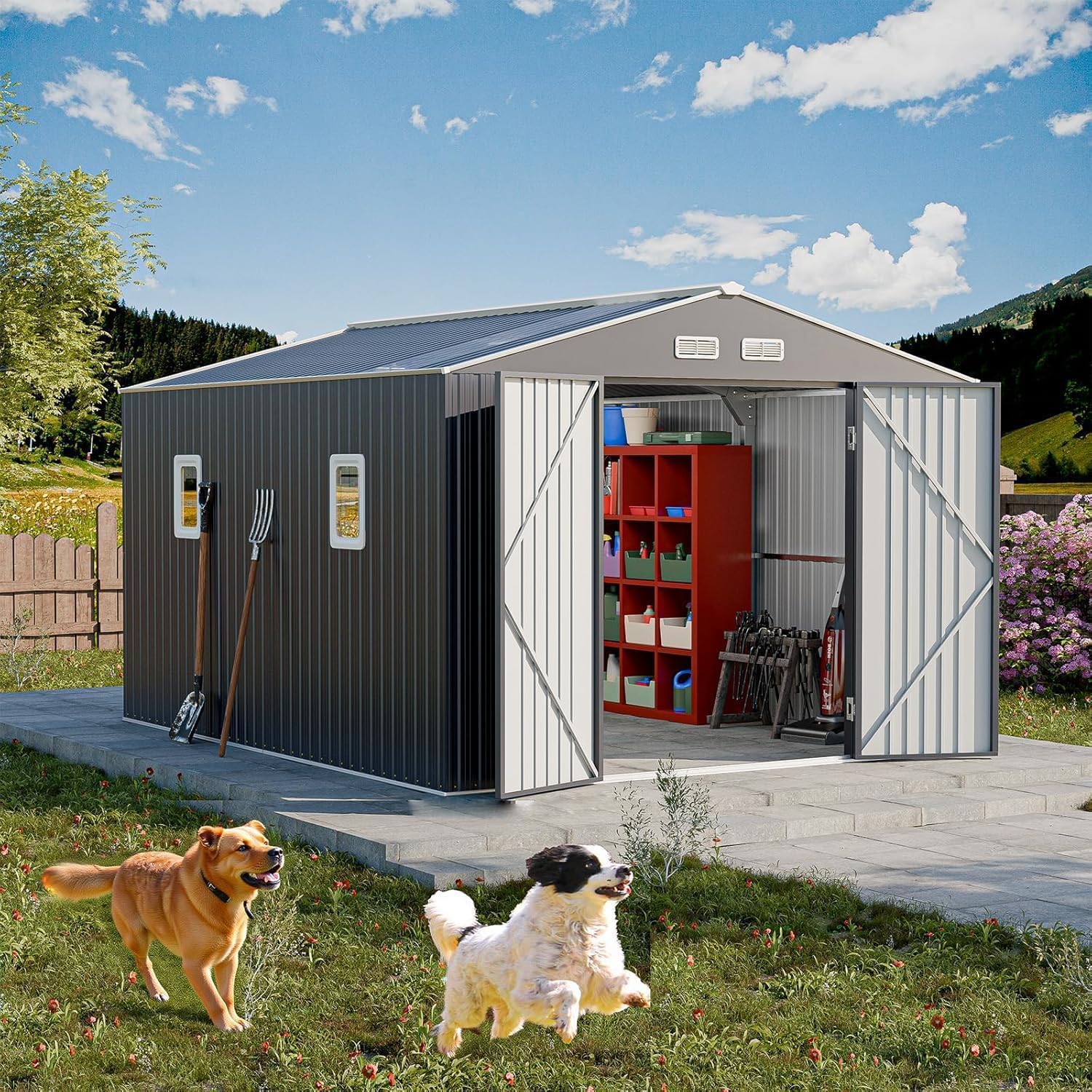 Restland 10x12 FT Metal Storage Shed Reinforced Frame Outdoor Shed with Clear Roof, Air Vent & Lockable Door Large Garden Storage Sheds for Backyard, Lawn, Patio