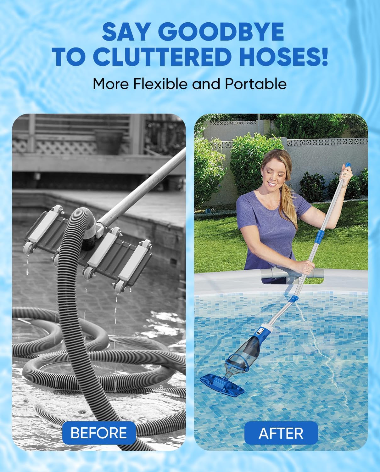 Cordless Pool Vacuum with Telescopic Pole, 18.5 GPM Powerful Suction, 1.5H Supercharge Technology, Handheld Pool Vacuum Cleaner for Above Ground/Inground Pools, Hot Tubs, Blue