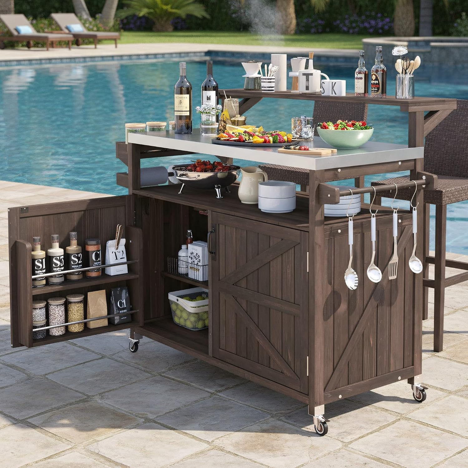 Merax 53.3' Outdoor Kitchen Island with Raised Shelf, Solid Wood Storage Cabinet with Stainless Steel Top, Rolling Grill Cart, Adjustable Shelf, Brown