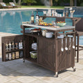 53.3' Outdoor Kitchen Island with Stainless Steel Top, Rolling Grill Cart with Adjustable Shelves, Raised Shelf, Lockable Wheels, Portable Outdoor Table and Bar Storage Cabinet for Patio