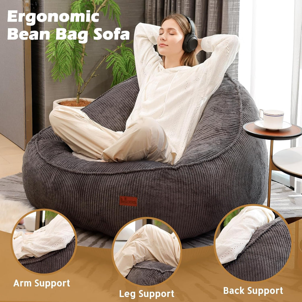 Giant Bean Bag Chair for Adults, Teens and Kids, Cozy Fluffy Corduroy Beanbag Chair with Filler, Large Floor Lounge Sofa for Living Room, Bedroom, Dorm, Gaming and Reading(L-Charcoal)