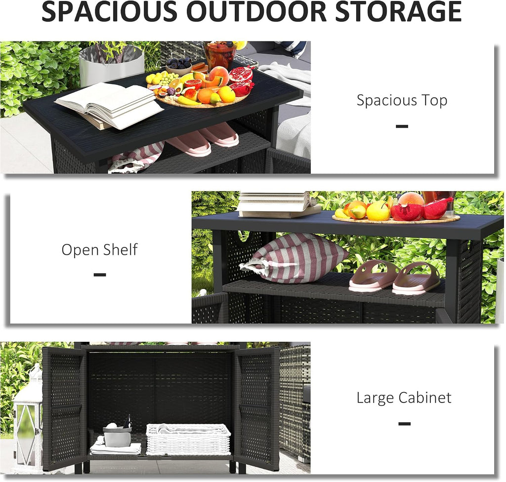 Outsunny Outdoor Pool Towel Storage Cabinet Organizer, Outdoor Bar Table with Shelf and Cabinet, Pool Towel Holder Pool Valet with Weather-Resistant PE Rattan and Steel Frame, Espresso