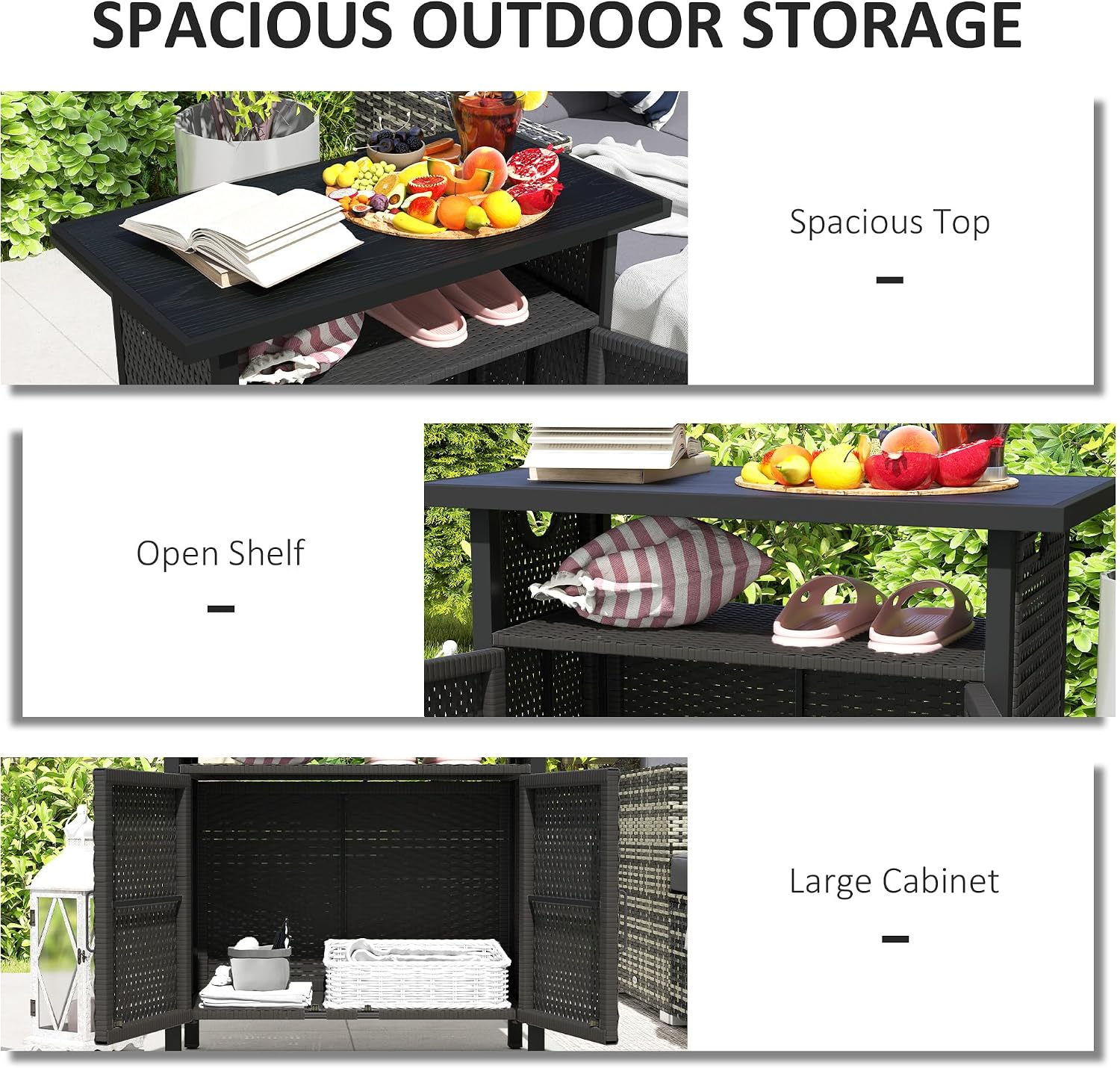 Outsunny Outdoor Pool Towel Storage Cabinet Organizer, Outdoor Bar Table with Shelf and Cabinet, Pool Towel Holder Pool Valet with Weather-Resistant PE Rattan and Steel Frame, Espresso