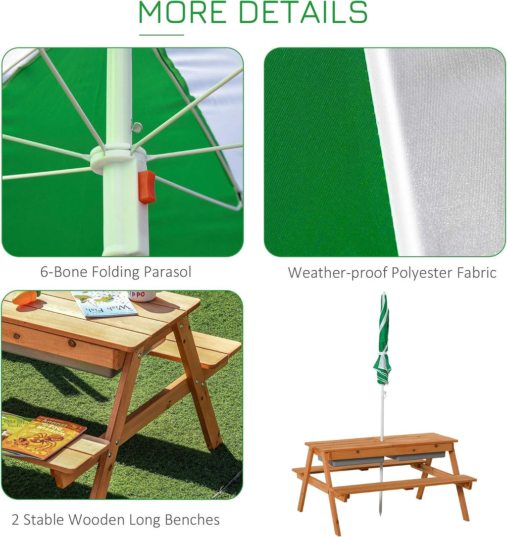 Outsunny Kids 3 in 1 Sand and Water Table, Wooden Outdoor Convertible Picnic Table with Umbrella and Storage Inside, Bench Backyard Furniture for Garden, Patio, or Balcony