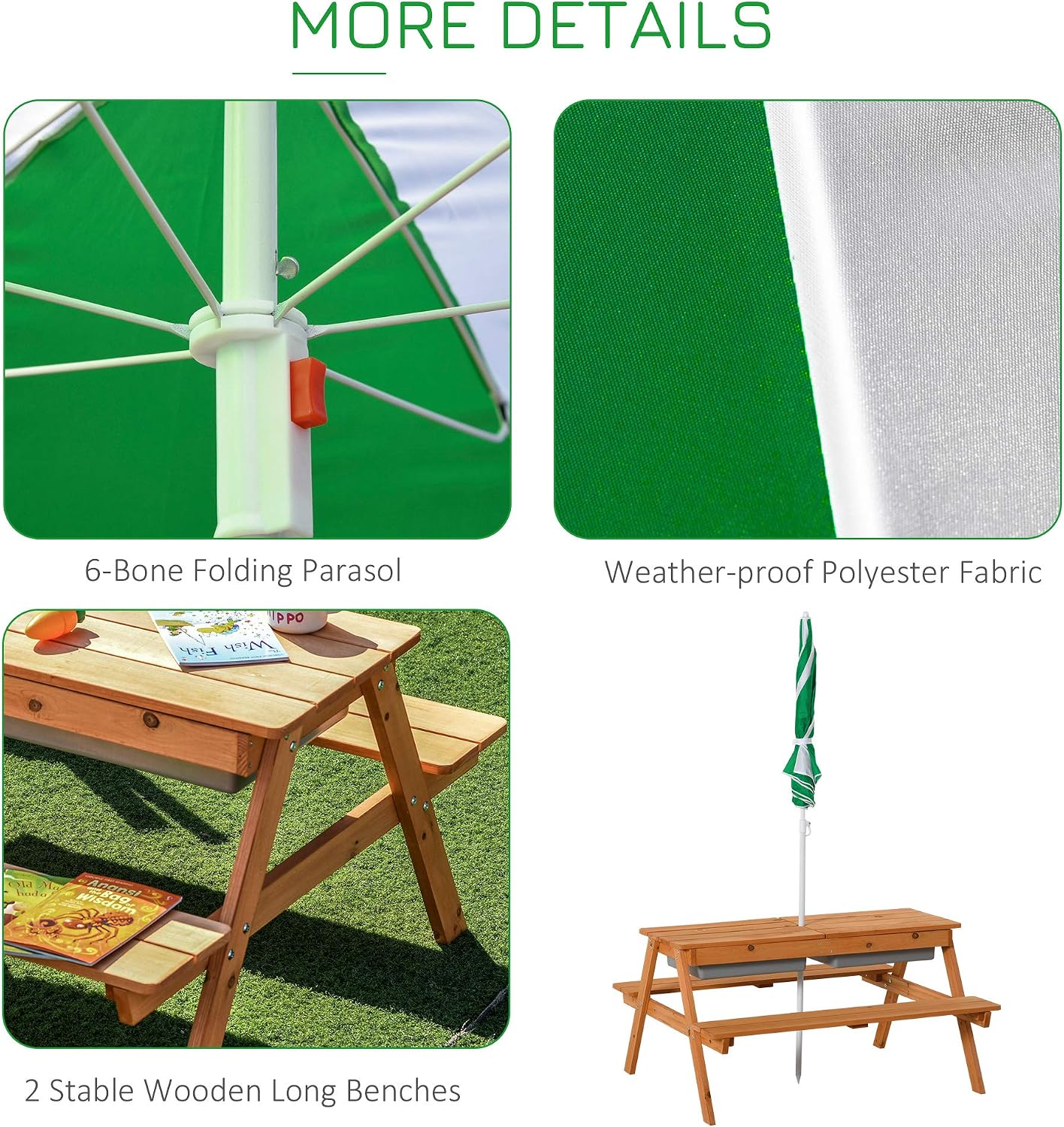 Outsunny Kids 3 in 1 Sand and Water Table, Wooden Outdoor Convertible Picnic Table with Umbrella and Storage Inside, Bench Backyard Furniture for Garden, Patio, or Balcony