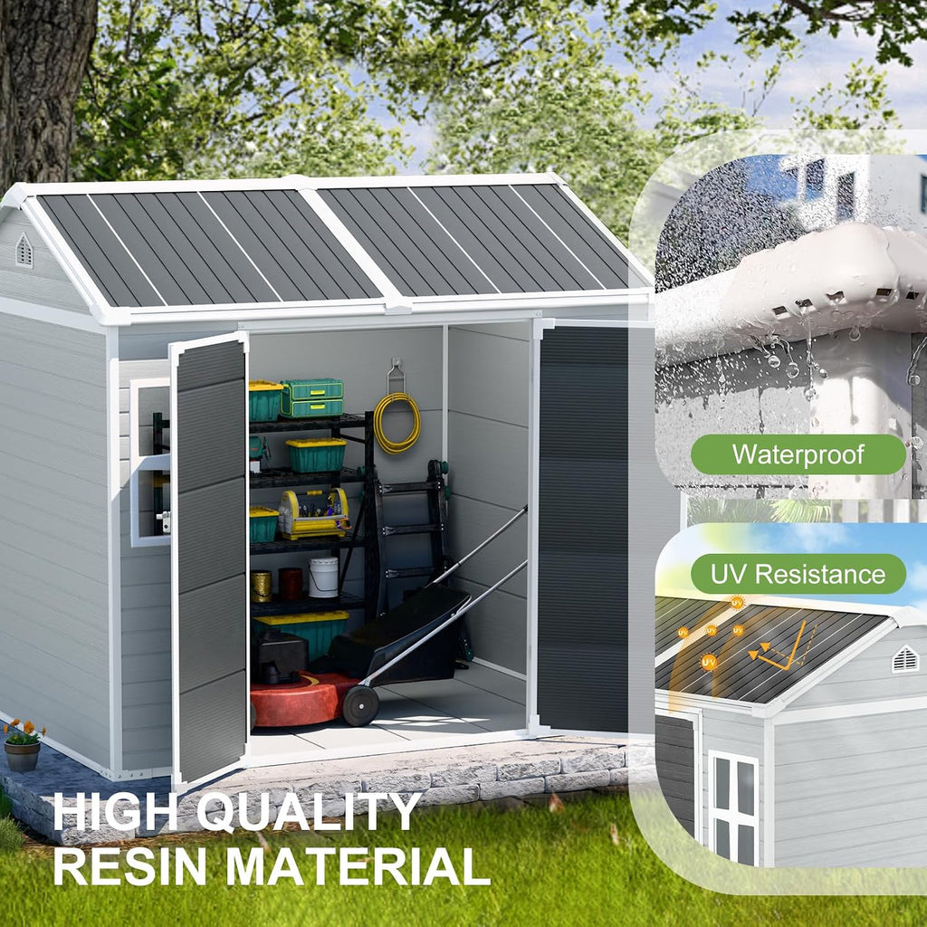 8x6 FT Resin Shed, Waterproof Outdoor Storage Shed w/Floor, 2 Windows, Double Doors & Vents, Tool Shed for Patio Garden, Lawn, Backyard, Grey