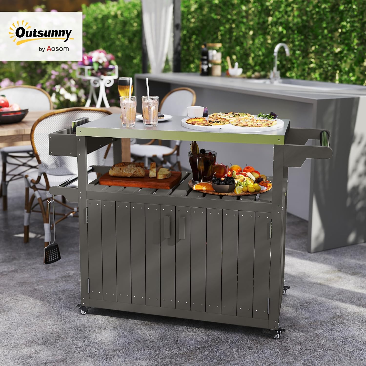 Outsunny Outdoor Bar Cart with Storage Cabinet, Stainless Steel Top Kitchen Island on Wheels, HDPE Outdoor Bar Table, Movable Patio Beverage Food Prep Table for BBQ Picnic, Dark Gray