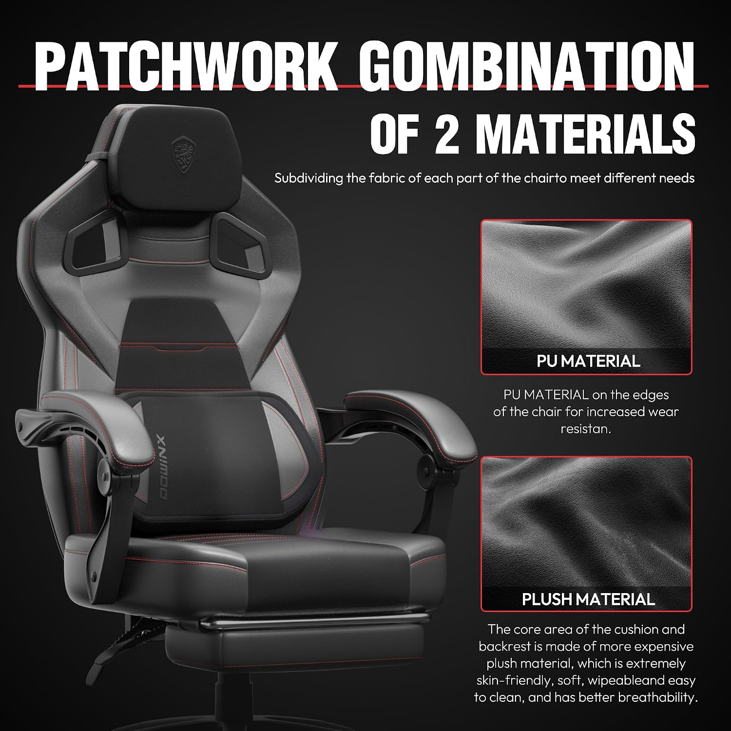 Dowinx Fabric Gaming Chair with Footrest, 350lb Big and Tall Gamer Chair, Wide Seat Ergonomic Computer Chair with Lumbar Massage Support, Wide Back Office Chair for Heavy People, Black