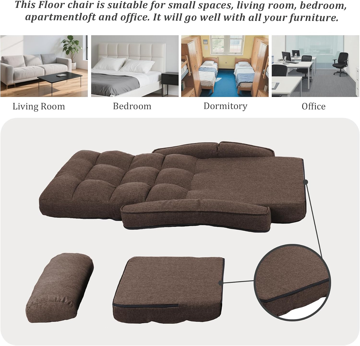 Adjustable Floor Chair for Adults with Back Support,5-Position Folding Lazy Sofa with Pillow, Gaming & Meditation Chair with Breathable Fabric - for Living Room, Bedroom, Office,Balcony (Brown)
