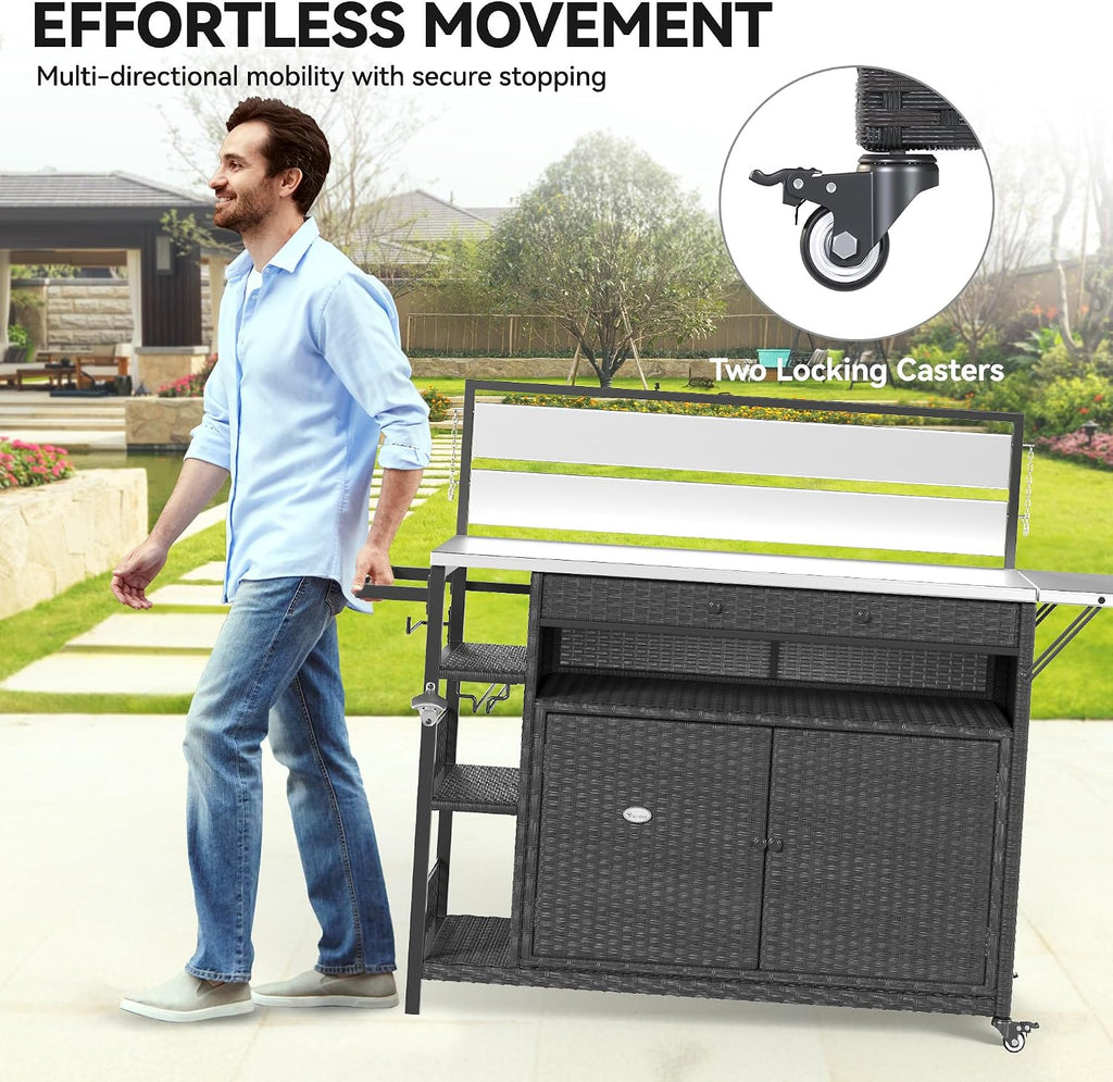 YITAHOME XL Outdoor Kitchen Island, Outdoor Bar Table & Storage Cabinet, Wheels and Stainless Steel Extended Table Top, Side Handle for Patio Kitchen or Bar Cart, Dark Brown