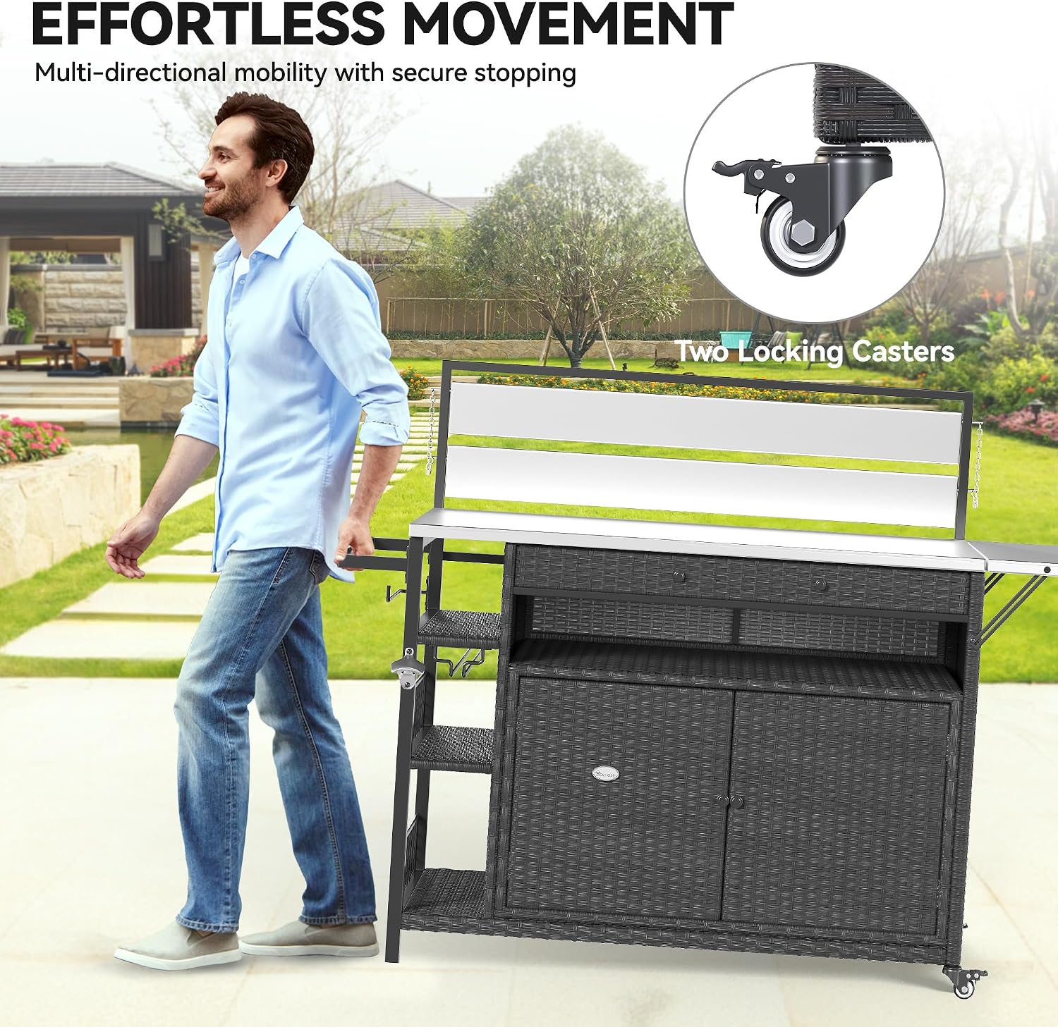 YITAHOME XL Outdoor Kitchen Island, Outdoor Bar Table & Storage Cabinet, Wheels and Stainless Steel Extended Table Top, Side Handle for Patio Kitchen or Bar Cart, Dark Brown
