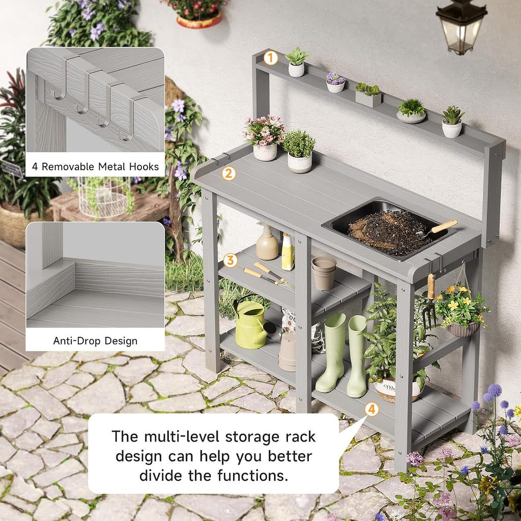 ONBRILL Potting Bench, Outdoor Potting Bench Table with Removable Sink, HDPS Potting Benches for Outside, Garden Table with Storage Shelves & 4 Side Hooks, No Rot, No Fade, No Break, 360lbs Capacity