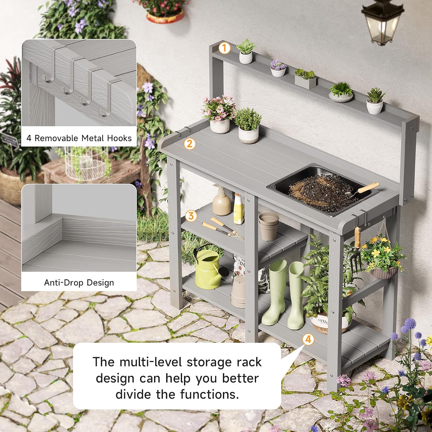 ONBRILL Potting Bench, Outdoor Potting Bench Table with Removable Sink, HDPS Potting Benches for Outside, Garden Table with Storage Shelves & 4 Side Hooks, No Rot, No Fade, No Break, 360lbs Capacity