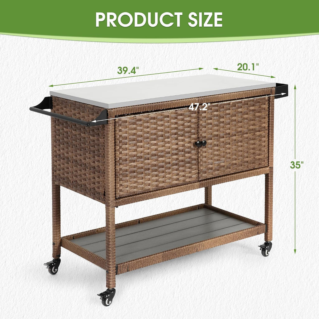 HOMEFUN Outdoor Grill Cart Kitchen Island with Storage Stainless Steel Top BBQ Prep Station Wicker Serving Bar Table with Hooks Wheels Backyard and Patio, Brown