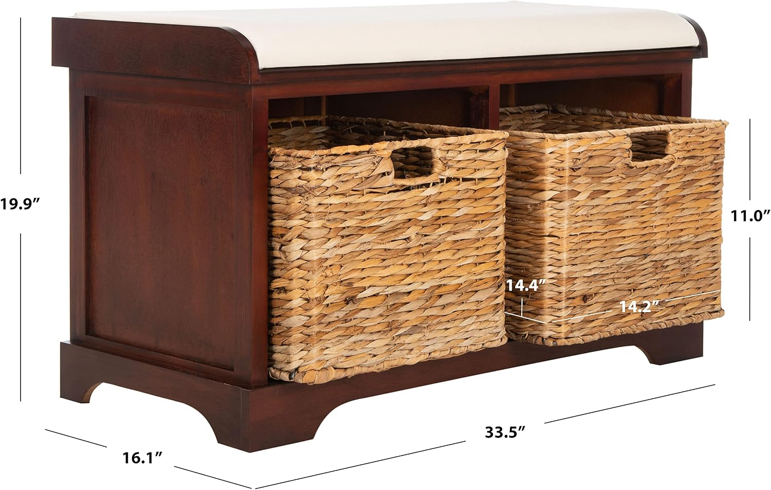 SAFAVIEH Home Collection – Freddy Cherry Storage Bench with Wicker Baskets & Cushion, Entryway Seating Bench, Fully Assembled (AMH5736E)