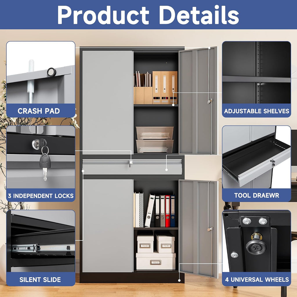 Metal Garage Storage Cabinet, 71' Lockable Storage Cabinet with 2 Adjustable Shelves and 1 Drawer for Garage, Utility Room, Warehouse (Black Grey)