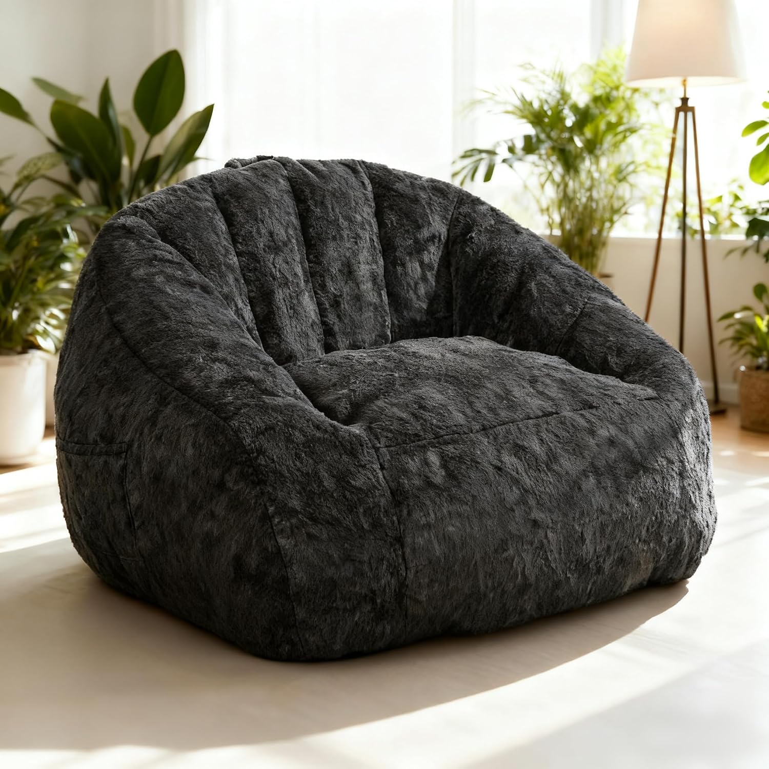 Giant Bean Bag Chair for Adults and Kids, Oversized BeanBag Couch Filler with Memory Foam, Faux Fur Shell-Shaped Boneless Chair for Reading, Stuffed Big Accent Sofa Living Room, Black