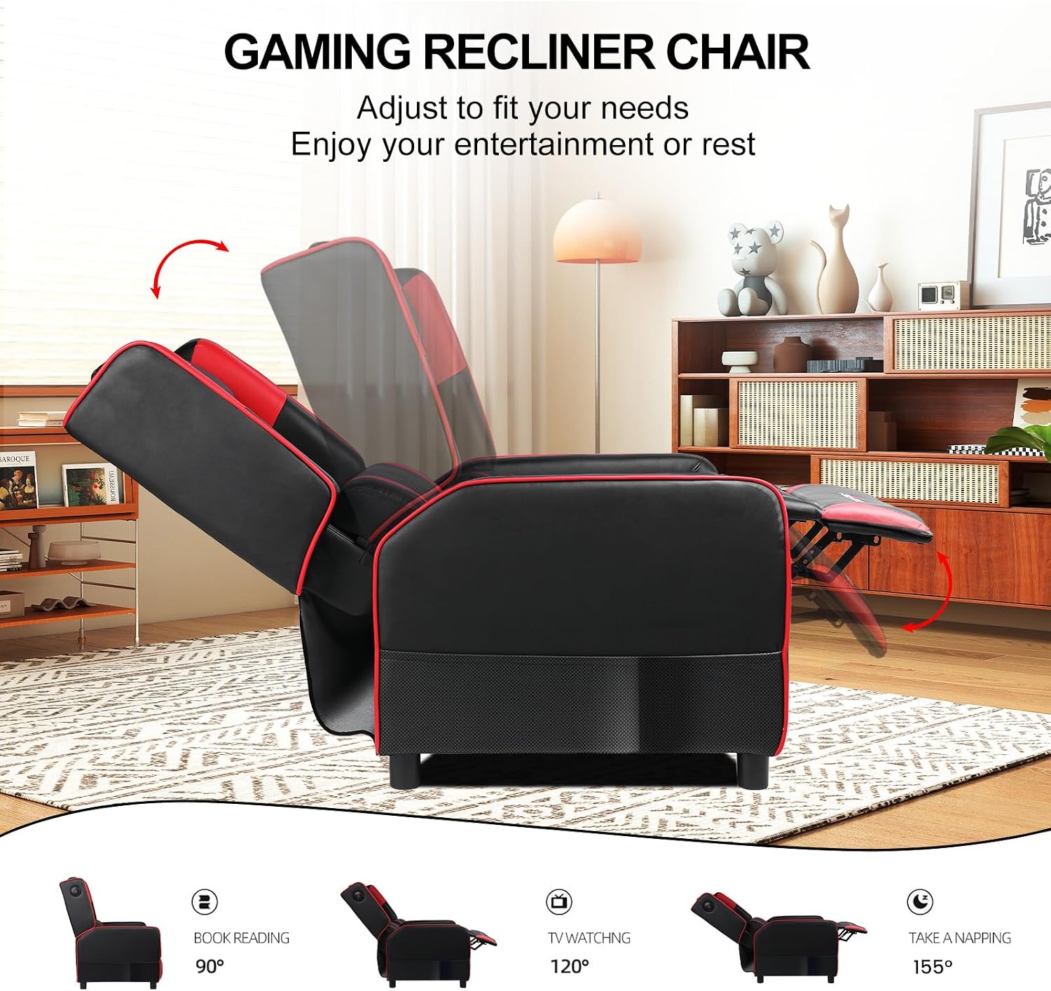 GTPLAYER Gaming Recliner Chair for Living Room Racing Style Single PU Leather Gaming Sofa for Adults Modern Game Recliners Ergonomic Comfortable Home Theater Seating, Red