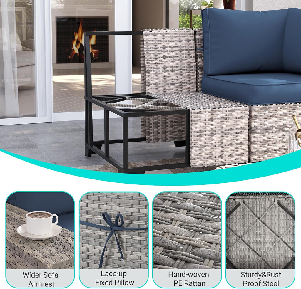 9-Piece Outdoor Patio Furniture Set with 55,000 BTU Fire Pit Table, PE Wicker Rattan Sectional Sofa Patio Conversation Set with Ottomans & Coffee Table, Dark Blue
