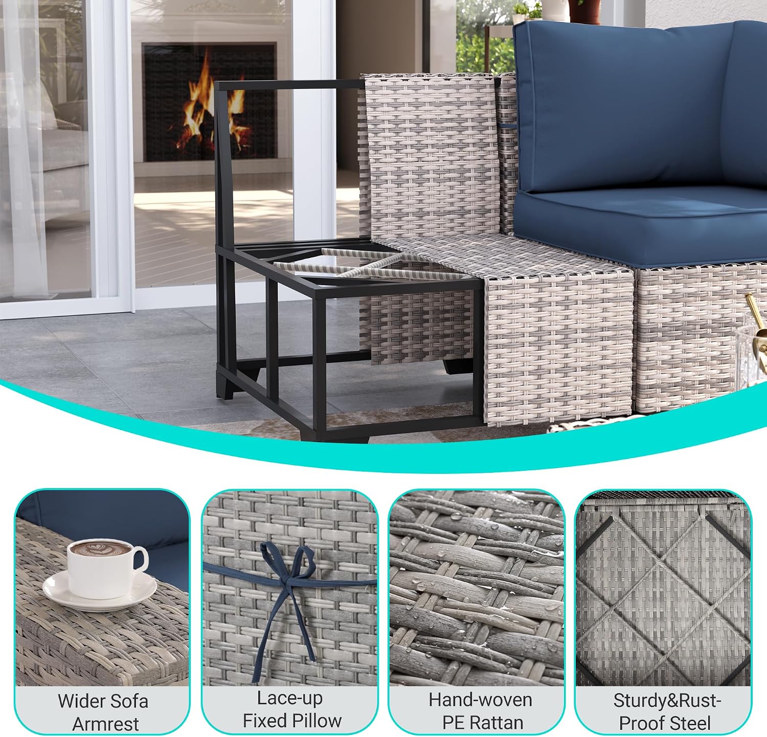 9-Piece Outdoor Patio Furniture Set with 55,000 BTU Fire Pit Table, PE Wicker Rattan Sectional Sofa Patio Conversation Set with Ottomans & Coffee Table, Dark Blue
