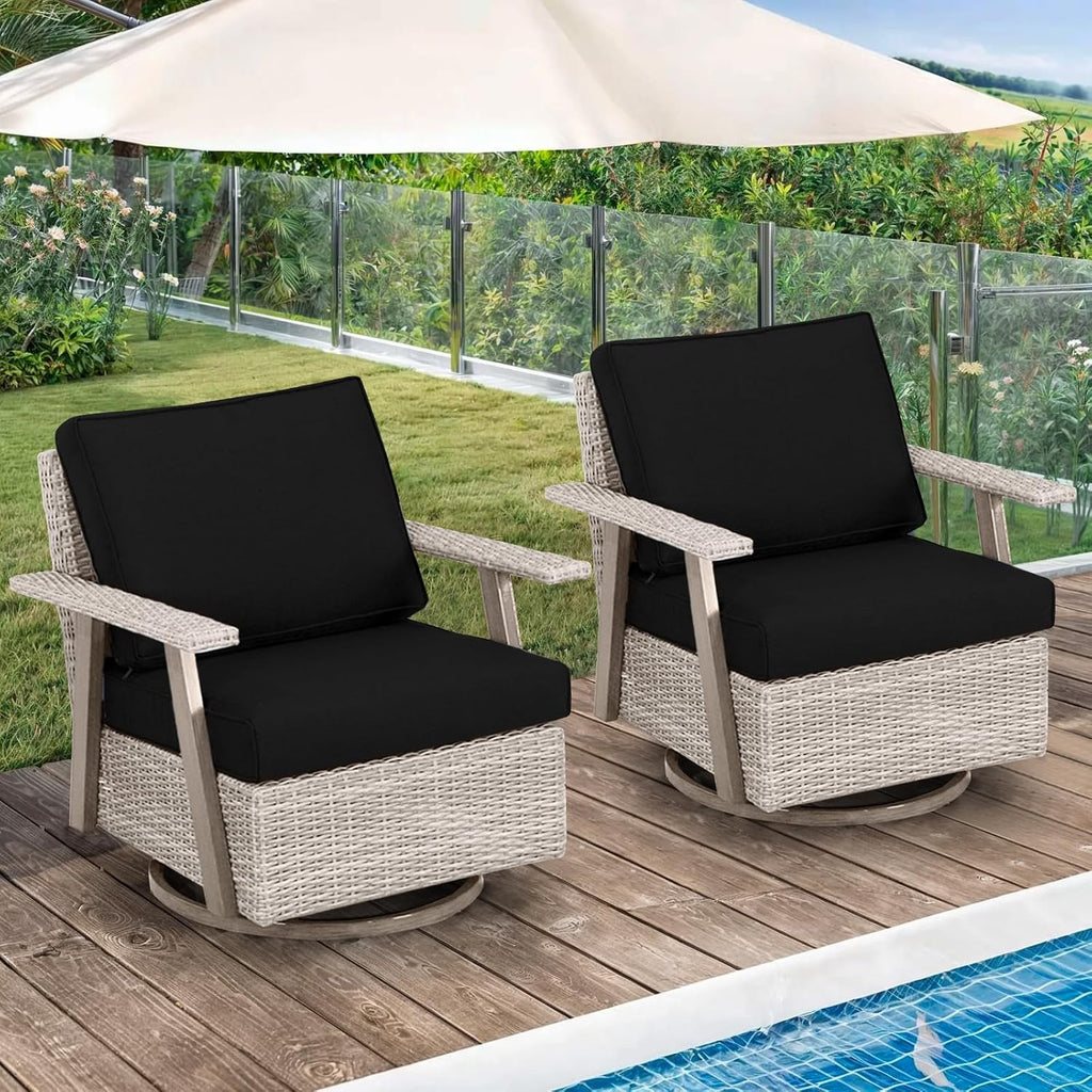 2 PCS Outdoor Patio Furniture Set, Oversized Swivel Patio Chairs Set of 2, Outdoor Swivel Rocking Glider Chairs Set, Brown/Taupe PE Wicker Rocking Chair with Black Cushion for Porch Garden
