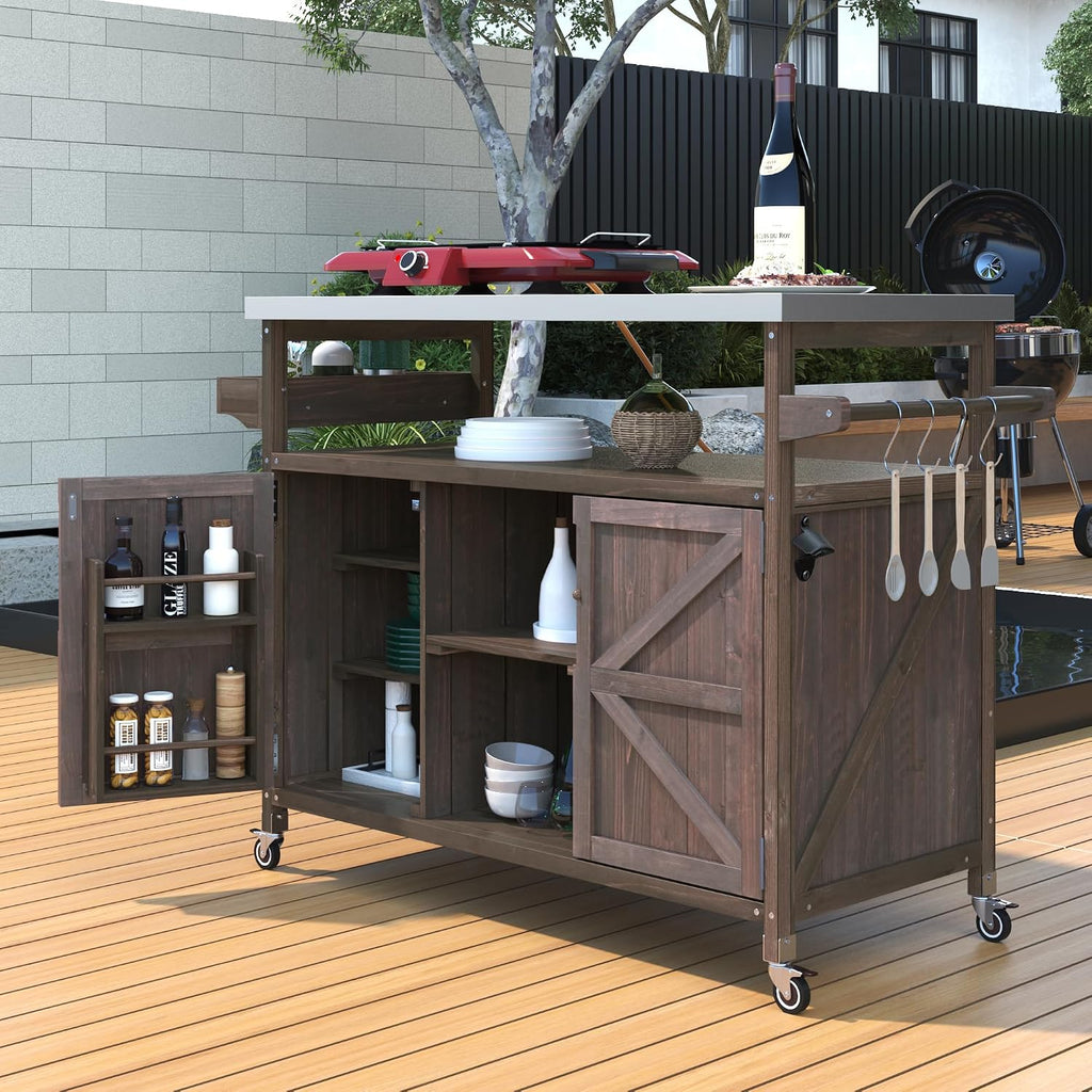 Outdoor Grill Cart with Storage, Farmhouse Outdoor Storage Cabinet with Stainless Steel Top, Wood Bar Patio Kitchen Island with Spice Rack, Towel Holder, Hooks & Locking Wheels for Patio BBQ(Brown)