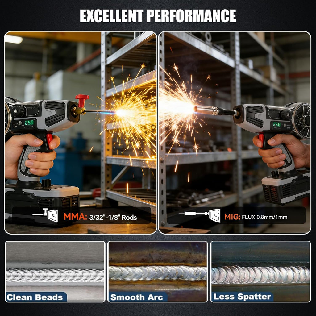 2 in 1 MIG and Stick Welder：250A MIG & MMA Welder 110V Flux Core IGBT Inverter Handheld Gasless Wire Feed Welder for Flux .032'/.040',Inverter ARC Welder Gun for 3/32'-1/8' Rod