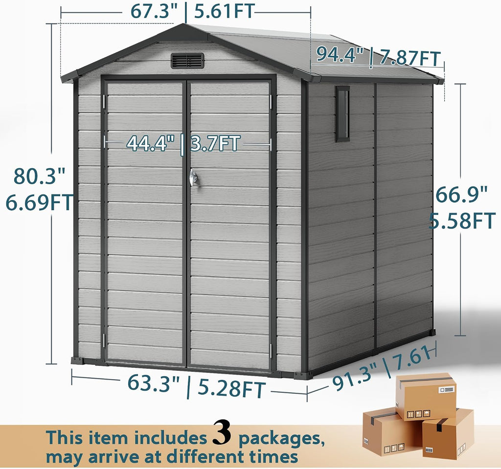 WUKHG 6X8 FT Resin Shed, Plastic Shed with Floor & Drainage Channel for Bikes, Furniture, Gardening Tools, Lockable Double Door Outdoor Storage Sheds Suitable for Backyard
