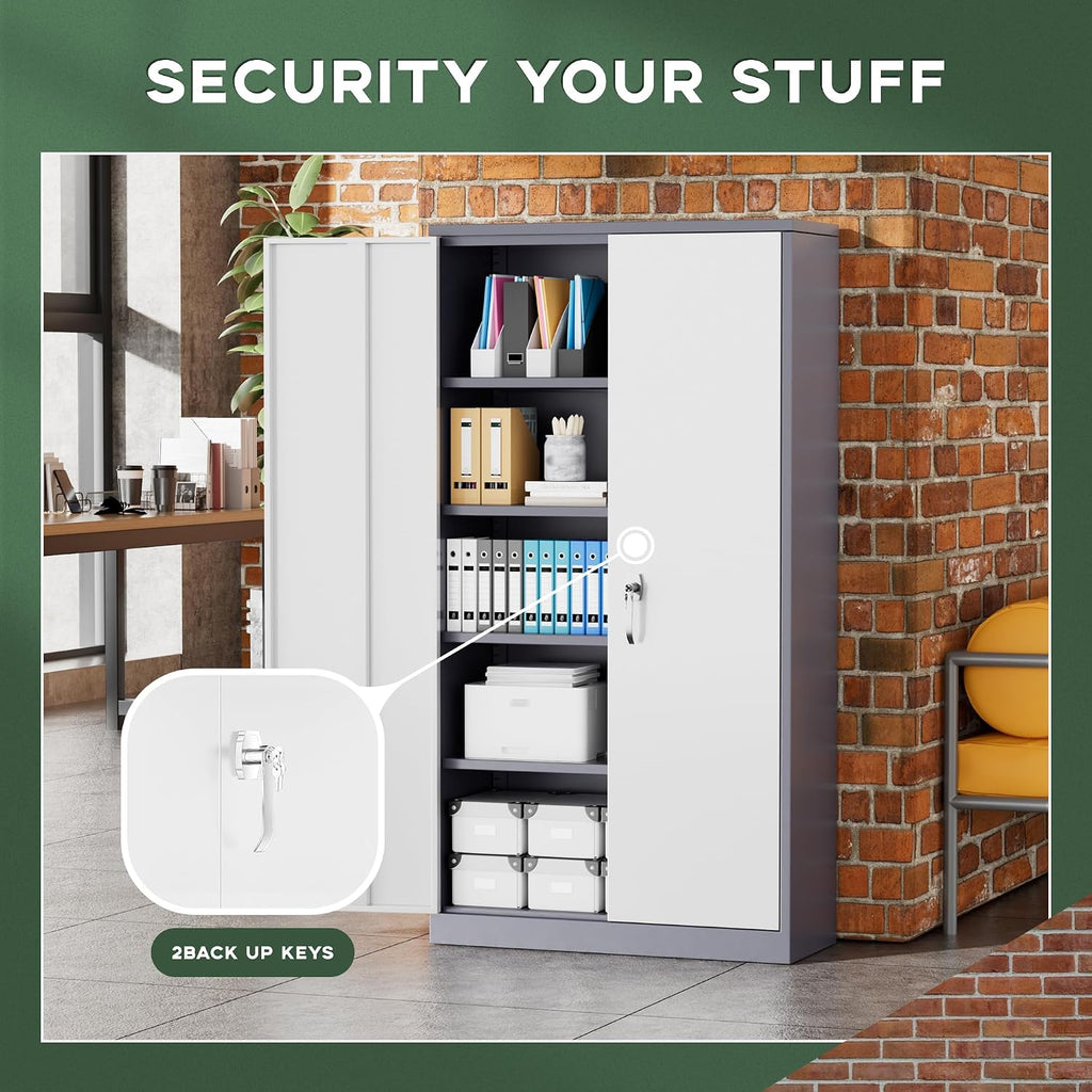Greenvelly Metal Storage Cabinet with 2 Doors and 4 Adjustable Shelves, Lockable Steel Tool Cabinet for Home, Office, Garage, Classroom (Grey White)
