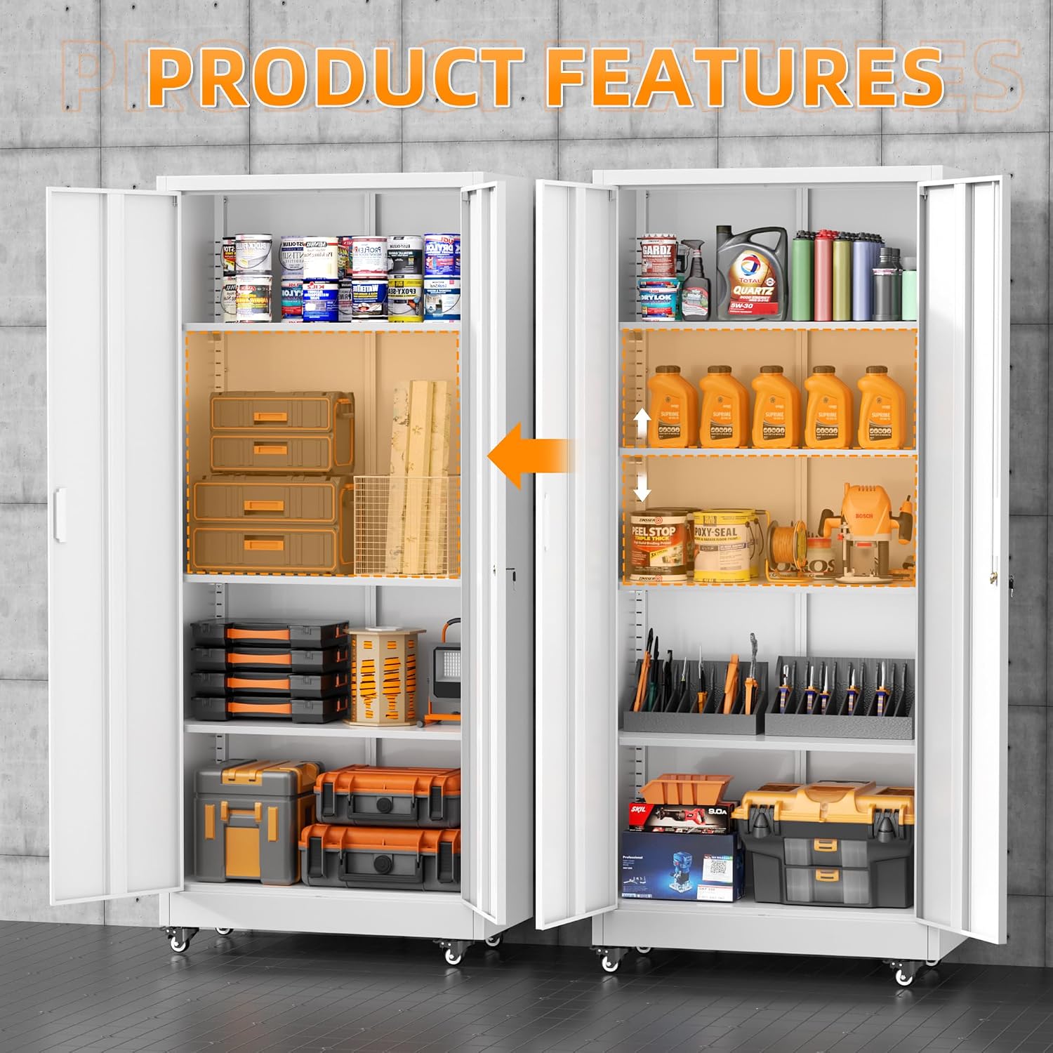 Superday Garage Storage Cabinet with Wheels，73' H Metal Storage Cabinet with Doors and Adjustable Shelves, Lockable Steel Utility Tool Cabinets for Garage, Home Office, Kitchen(White)
