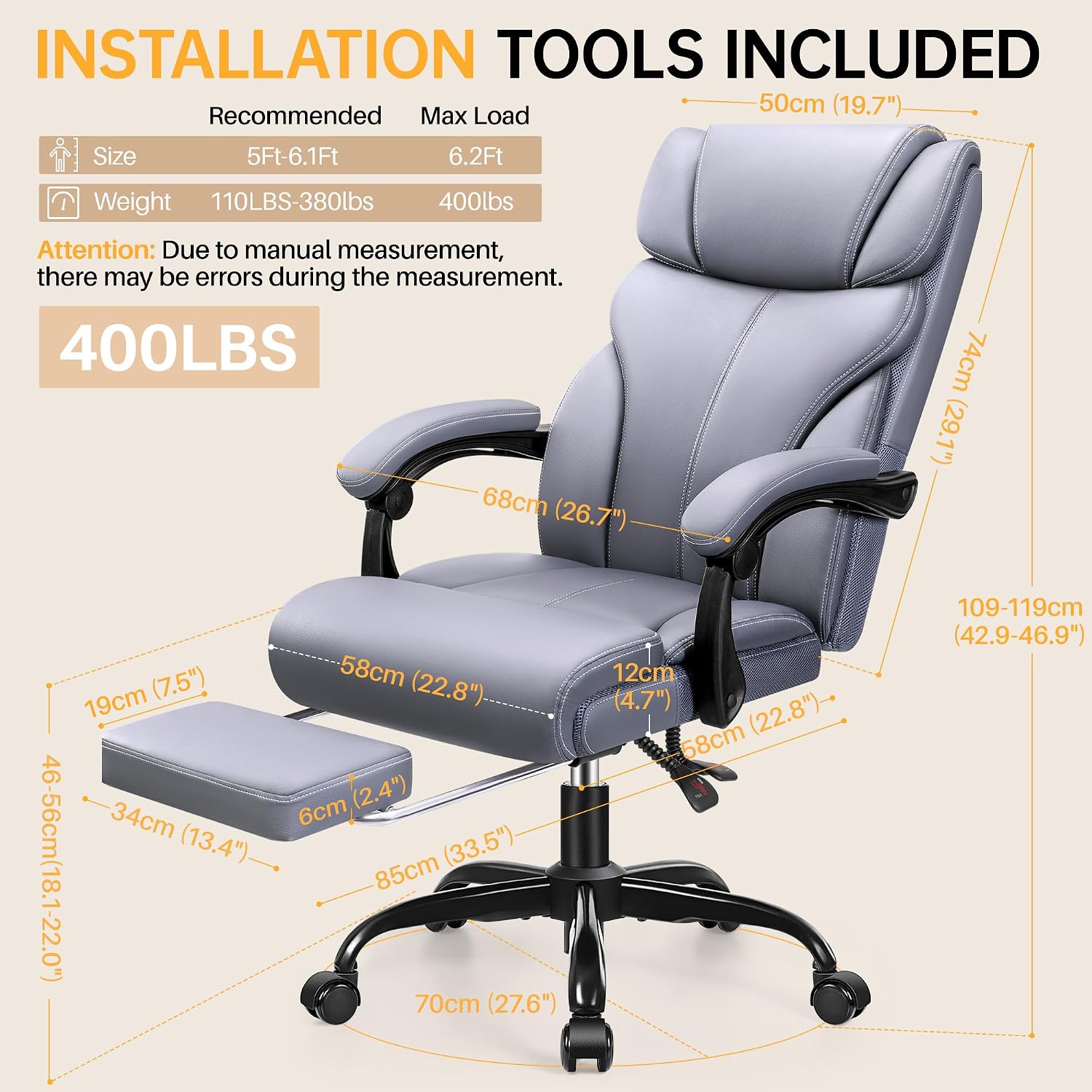 HeroSet Big and Tall Office Chair with Foot Rest, 400lbs Ergonomic Reclining High Back Executive Leather Chair, Lumbar Support Swivel Computer Desk Chairs for Heavy People Home Office Gaming(Gray)
