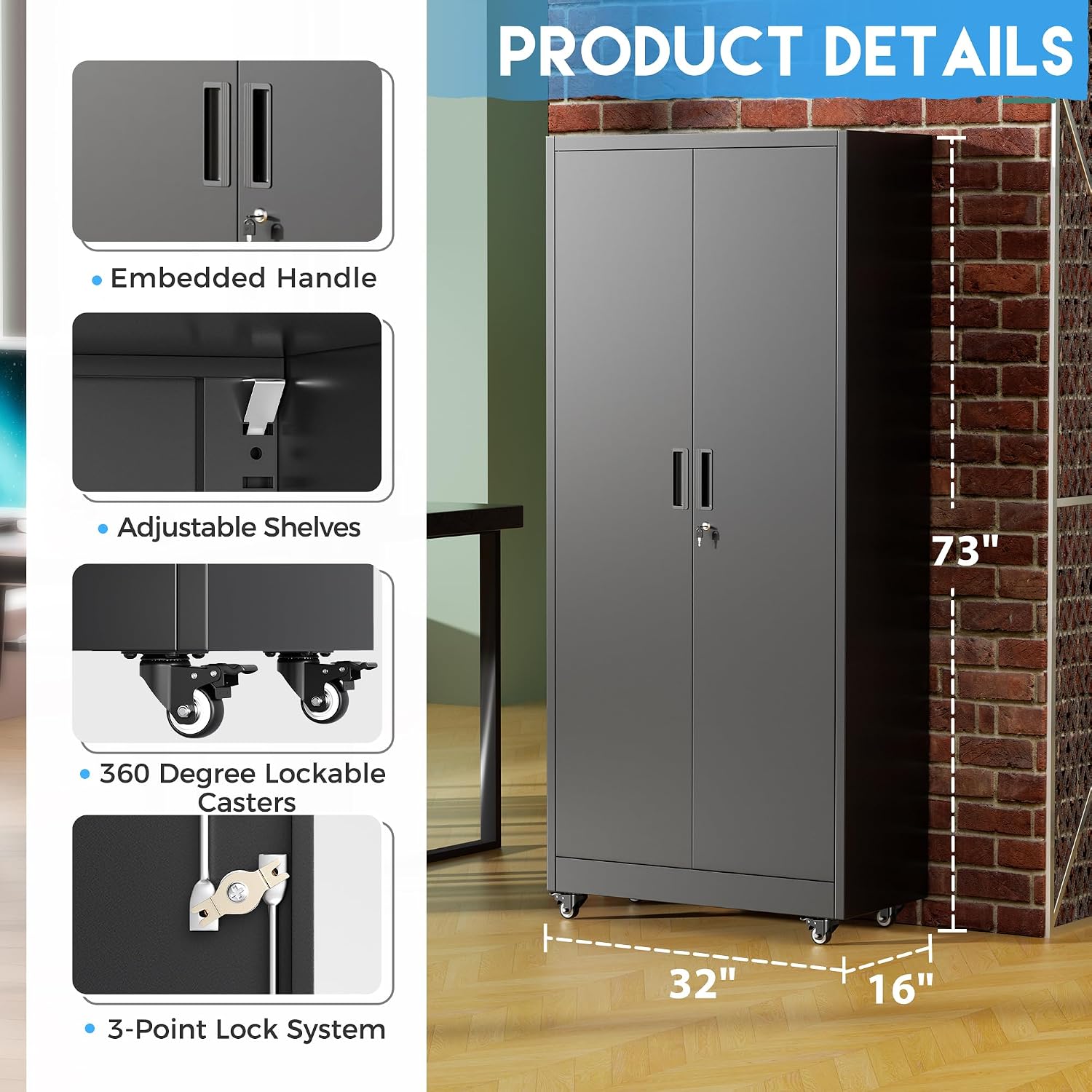 Greenvelly Metal Storage Cabinet with 4 Swivel Wheels,73' H Black Garage Storage Cabinet with Wheels, Rolling Tool Cabinet with Locking Doors and Shelves for Home,Basement, Kitchen Pantry,Warehouse