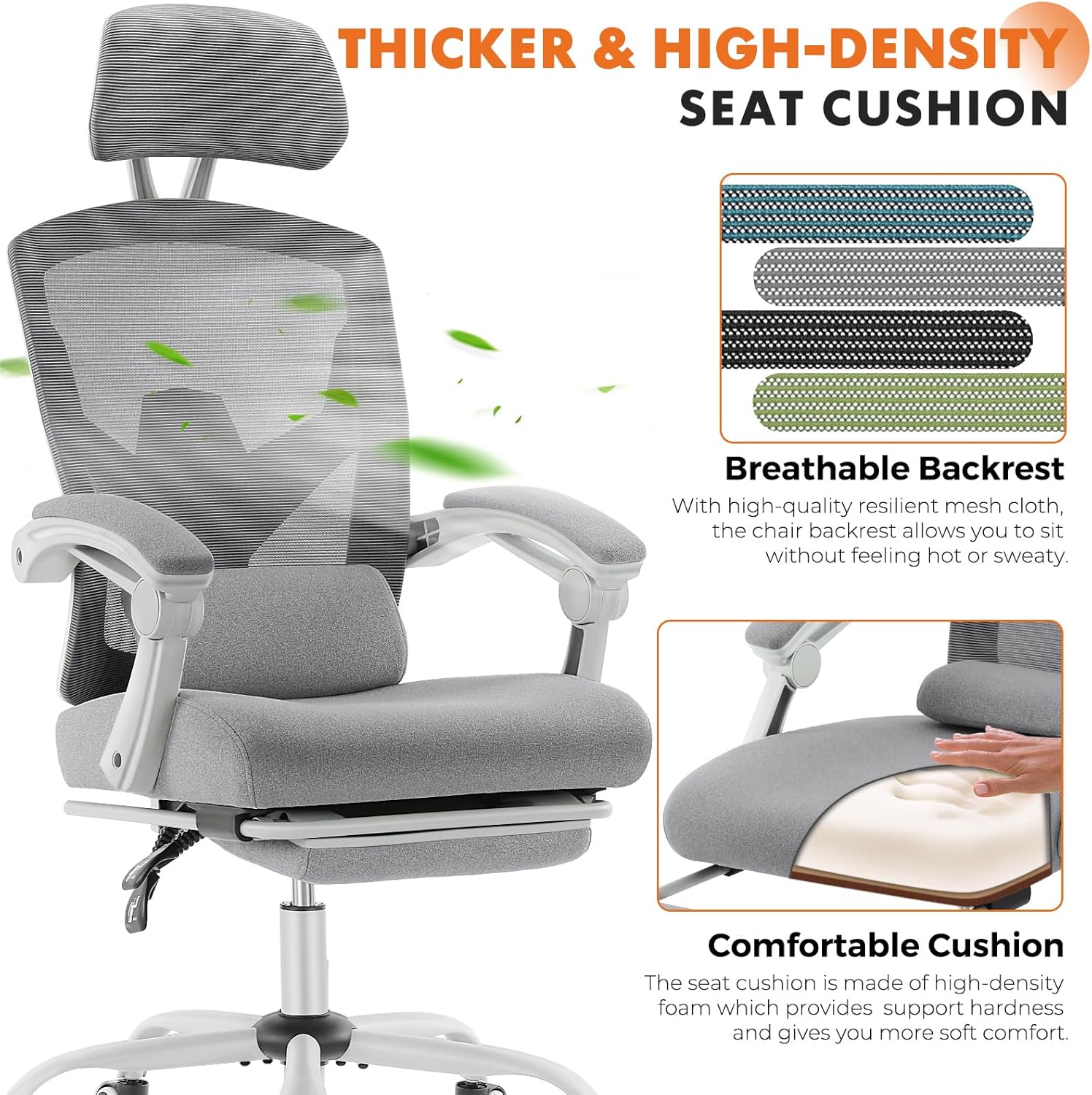 Sweetcrispy Office Computer Desk Chair Set of 2, Ergonomic High-Back Mesh Rolling Work Swivel Chairs with Wheels, Comfortable Lumbar Support, Comfy Arms for Home, Bedroom, Study, Student, Light Grey