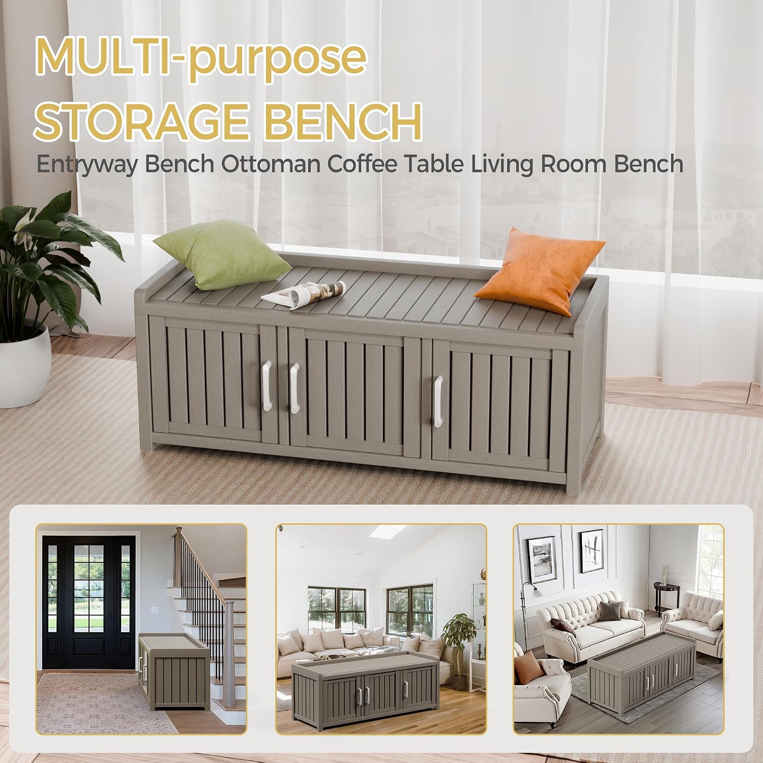 Shoe Bench - Waterproof Resin Storage Bench with Adjustable Shelves - Indoor & Outdoor Use, 3 Doors Entryway Bench with Hidden Storage Space - Storage Cabinet for Bedroom, Hallway, Grey